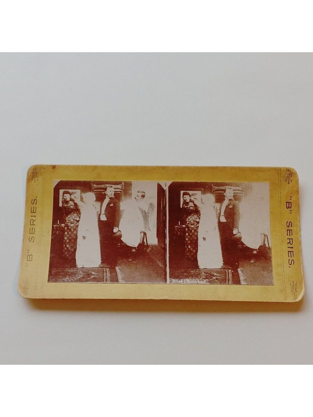 ANTIQUE Stereograph Card Victorian Scene "B" Series "Bliss Disturbed"